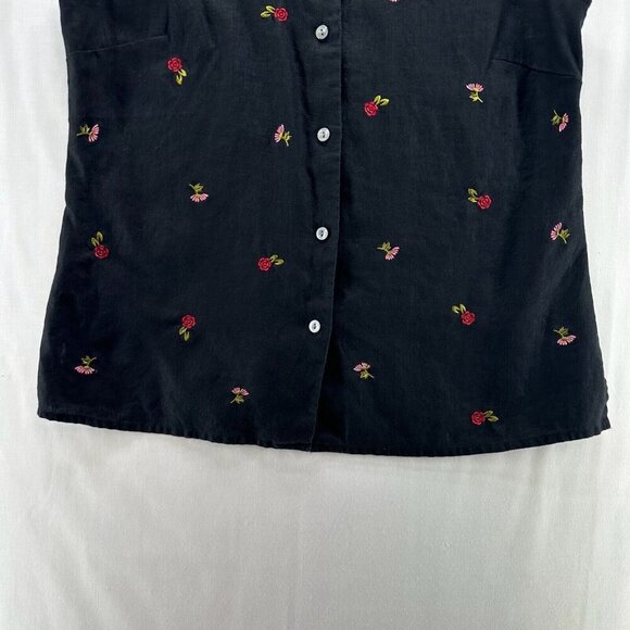 Style & Co Linen Blouse Womens 10 Button Up Sleeveless Embroidered Flowers Black - Picture 4 of 10